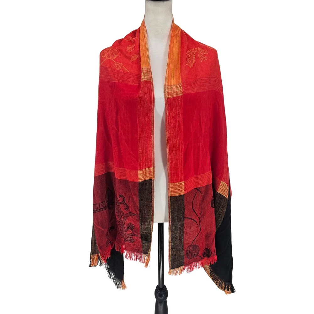 Patchwork 100% Cashmere Scarf Wrap Shawl Red Orange Black Fringe Boho Festival